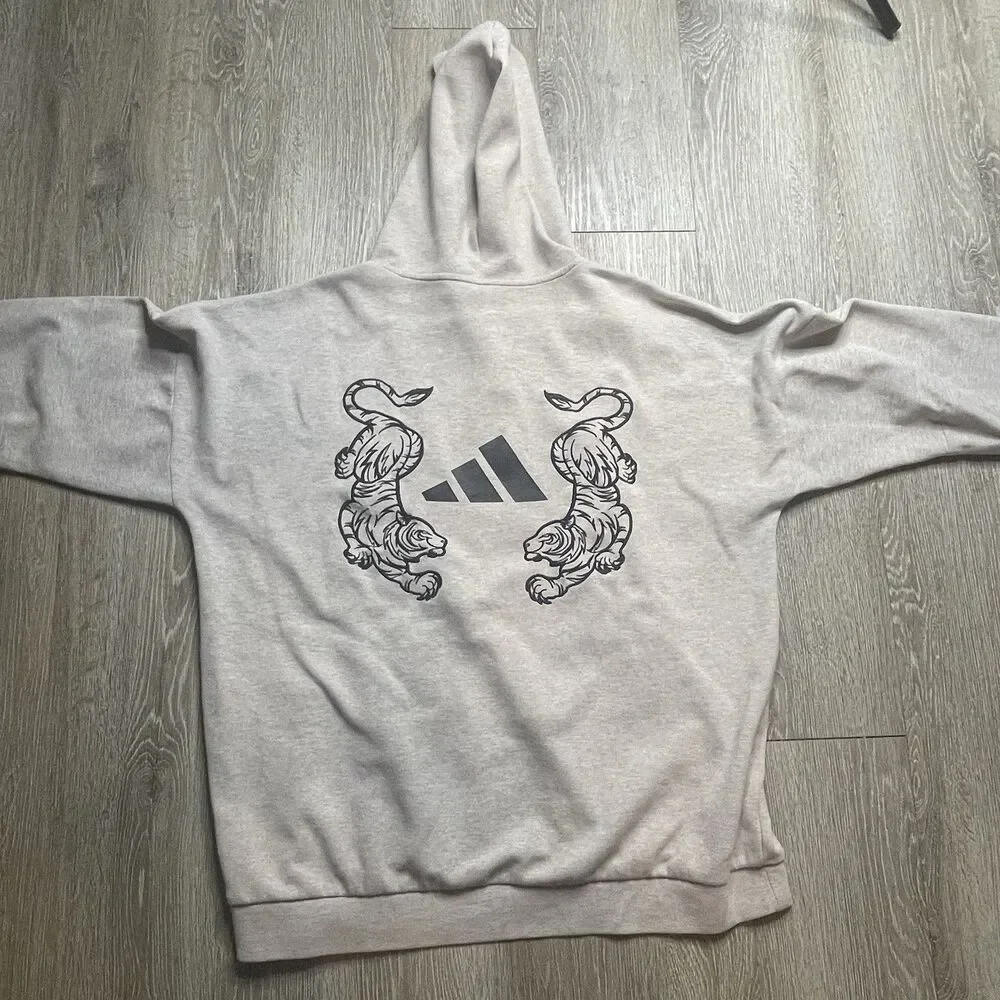 Adidas Dual Tiger Hoodie Size Large Gray Stained Sleeves